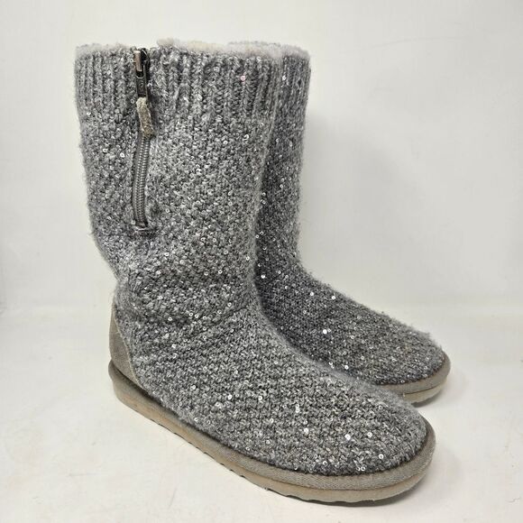 UGG Treadlite Silver Gray Sequin Knit Mid Calf Sweater Boots Shoes Size 6 - Picture 1 of 15